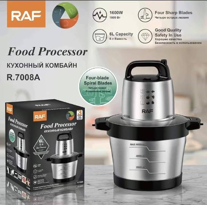 RAF Stainless Steel Food Processor & Chopper with Four Blades for Blending & Grinding - 1600W & 6 Litres