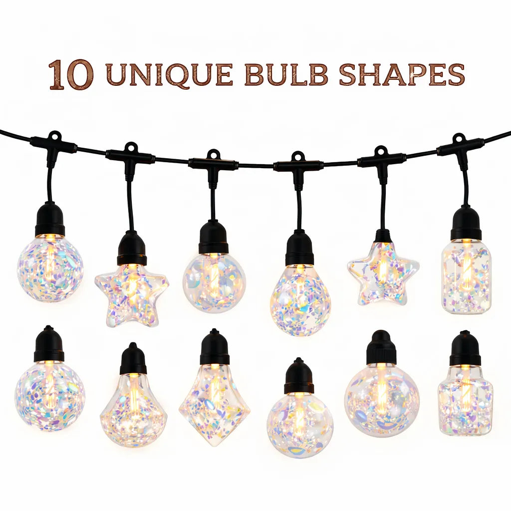 Solar & USB Rechargeable Decorative String Lights 5M Outdoor LED Light Set with 10 Unique Glass Bulb Shapes, 8 Lighting Modes Waterproof Patio Garden Party Hanging Lights with Auto On/Off