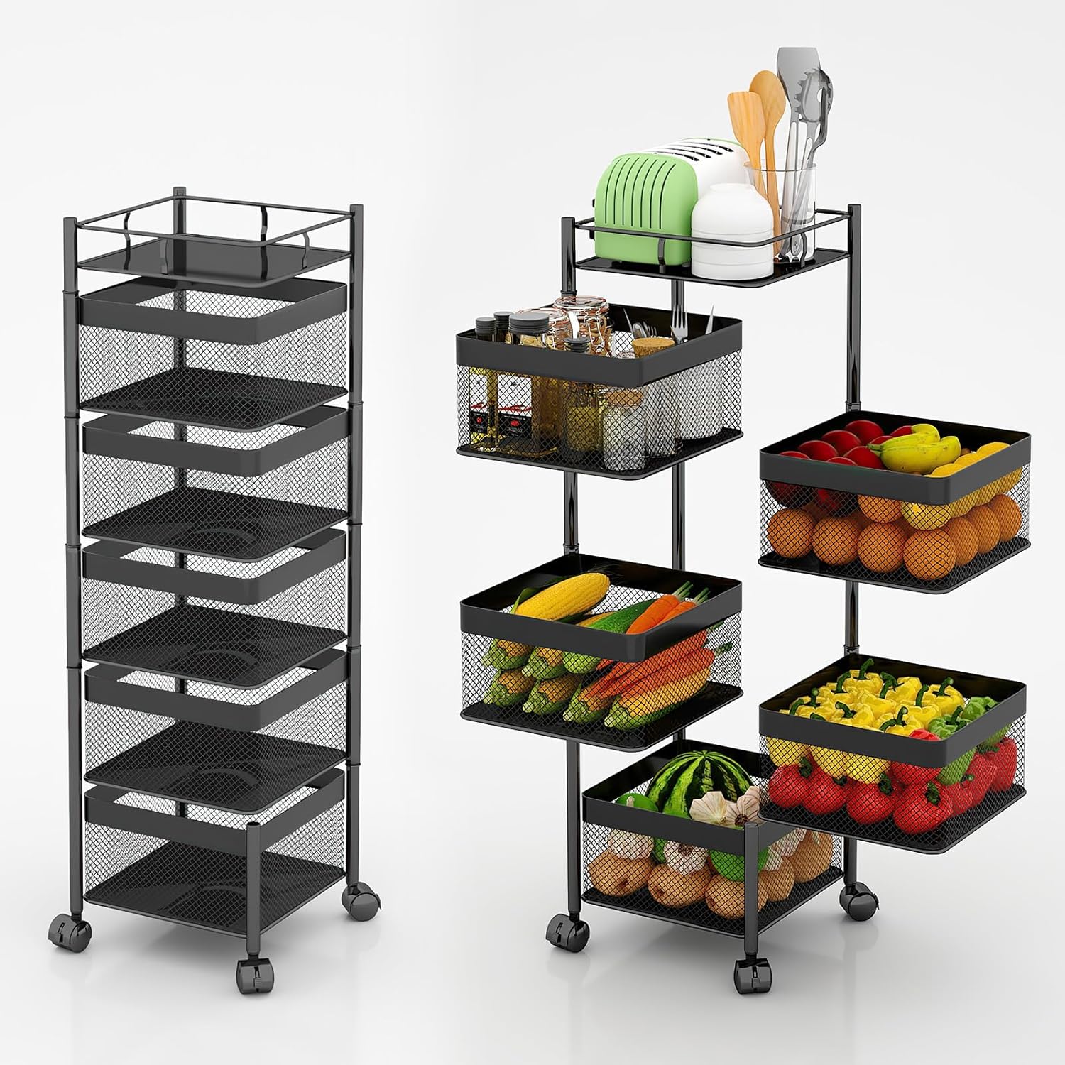 Multi Layer Square Metal Kitchen Storage Rack with Rotating Shelves & Wheels