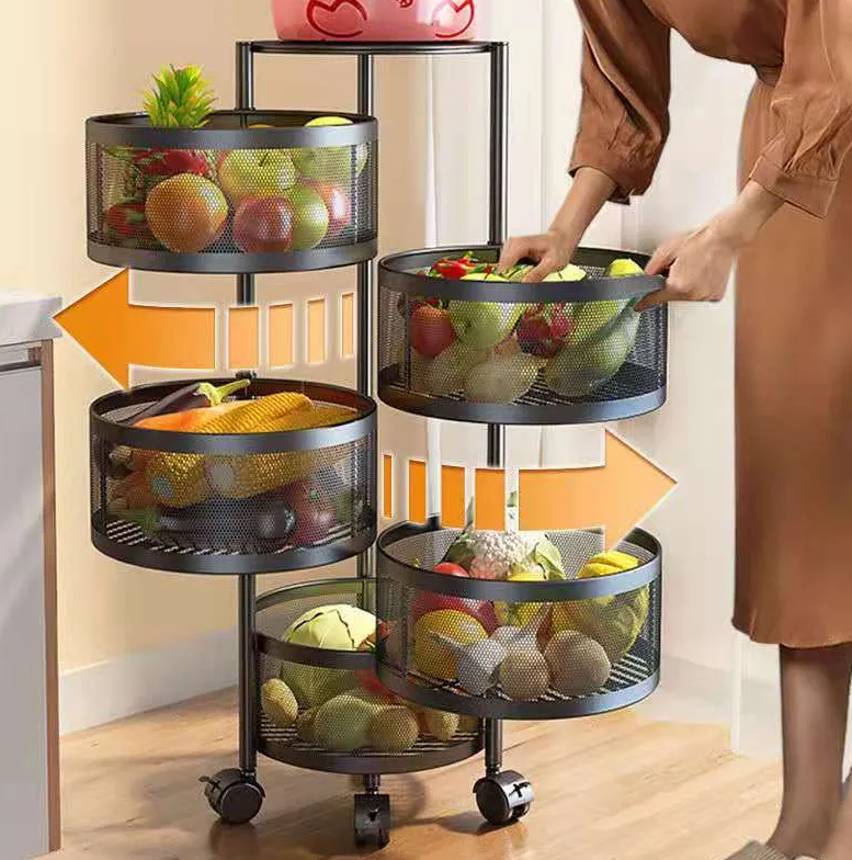 Multi Layer Round Metal Kitchen Storage Rack with Rotating Shelves & Wheels