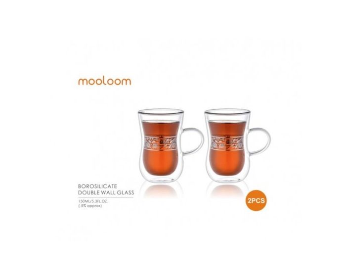 كوب شاي زجاجي مزدوج الجدار (مصنوع يدويًا) من MOOLOOM سعة 150 مل - قطعتان