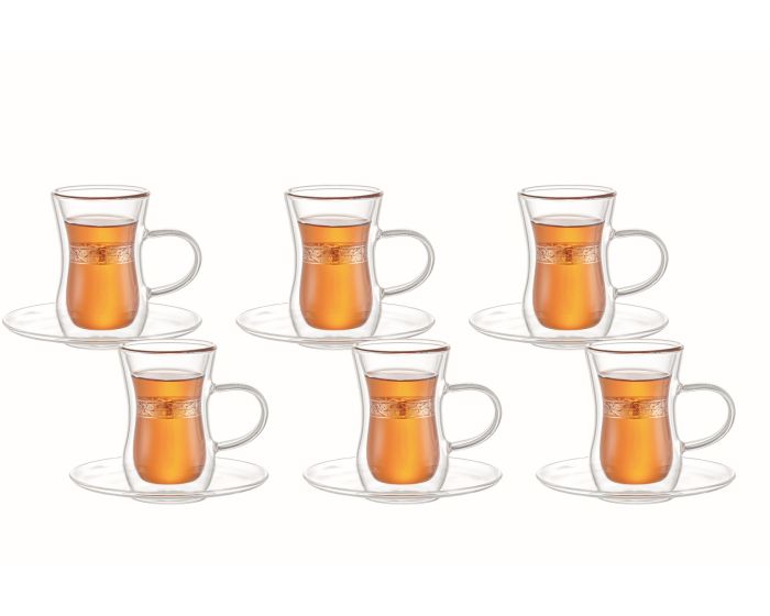 ARAMORO GOLD DECAL 12 PCS SET 100 ML BOROSILICATE DOUBLE WALL GLASS 6 PCS TEA CUP + 6 PCS SAUCER