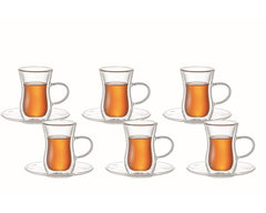 ARAMORO 12 PCS SET 100 ML BOROSILICATE DOUBLE WALL GLASS 6 PCS TEA CUP + 6 PCS SAUCER