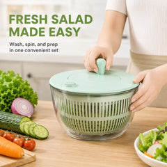 8-in-1 Manual Salad Spinner & Vegetable Slicer with 6 Interchangeable Stainless Steel Blades, 1.5MM/3MM Slicing, 3MM/5MM Julienne Shredding, Wavy Cutter, Juicer/Grater, Quick Stop Button, Drain Basket & Multi-Purpose Mixing Bowl