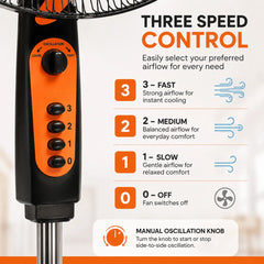 16-Inch DC 12V Stand Fan with Five Blades, Three Speeds, Oscillation, Telescopic Adjustable Height & Battery Clip Cable