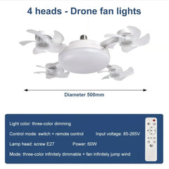 60W 4-Head Foldable LED Ceiling Fan Light with RC, E27 Screw Base, Adjustable Fan Speed, Dimmable Brightness & 3-Color Lighting