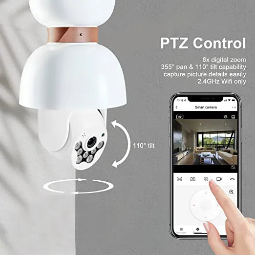 Smart 4G Ultra HD Wireless IP Security Bulb Camera for Indoor & Outdoor - 360° 2.4Ghz with PTZ, Color Night Vision, Two-Way Audio, Motion Detection Alarm