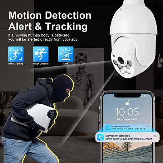 Smart 4G Ultra HD Wireless IP Security Bulb Camera for Indoor & Outdoor - 360° 2.4Ghz with PTZ, Color Night Vision, Two-Way Audio, Motion Detection Alarm