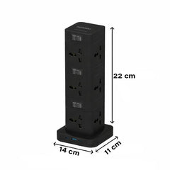 Porodo Three-Story 12 AC Power Hub with USB-C PD 20W, Quick Charge 3.0, 12 AC Sockets and 3M Cable - Black