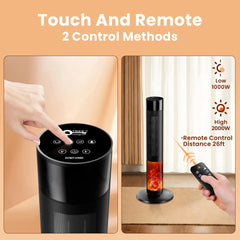 2000W Oscillating Ceramic Tower Heater Fan with Fireplace Effect with Remote Control - Dual Heat Settings (1000W/2000W), Constant Temperature Control 15°C–45°C, 12-Hour Timer, Overheat & Tip-Over Protection & Carry Handle