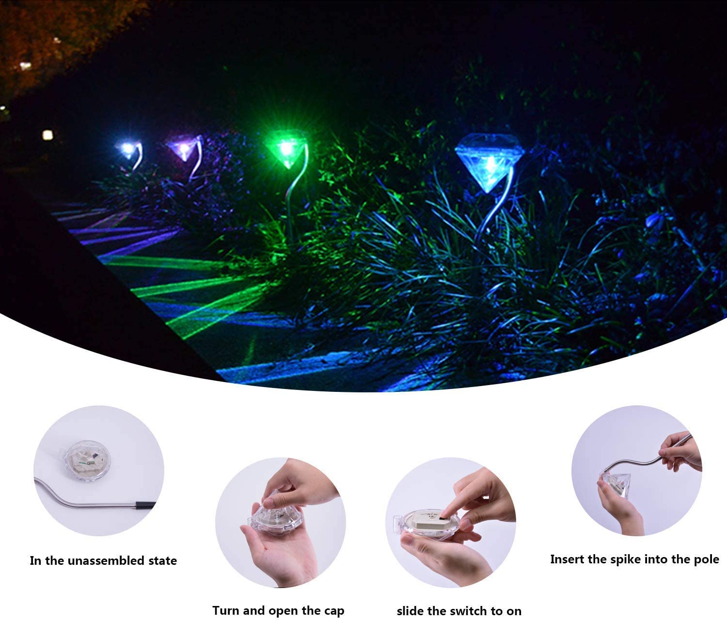 Pack of 4 LED Color Changing Solar Power Diamond Shaped Garden light.