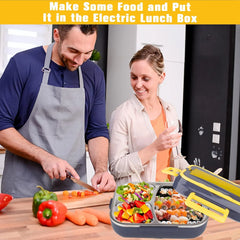 1.5L Electric Heated Lunch Box 40W Food Warmer with 3 Stainless Steel Food Compartments, 110V/220V & 12V/24V Car & Truck Compatible, Portable Food Heating Lunch Box with Spoon & Fork