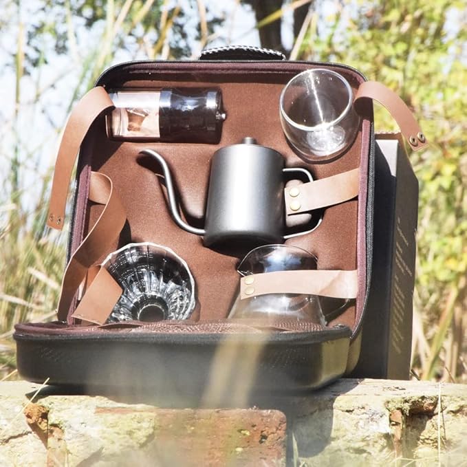 8-Piece Outdoor Hand Brewing Coffee Making Set with Elegant Leather Bag, Scale, and Coffee Utensils for Outdoor, Travel & Home
