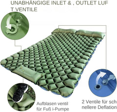 مرتبة هوائية مزدوجة قابلة للنفخ للتخييم في الهواء الطلق، مزودة بمضخة قدم مدمجة، وتصميم وسادة مزدوجة، وصمام مانع للتسرب - مصنوعة من نايلون TPU 40D، خفيفة الوزن للغاية وصغيرة الحجم - 200 × 120 × 5 سم