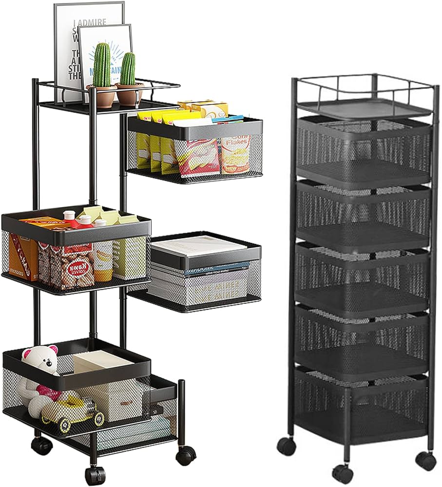 Multi Layer Square Metal Kitchen Storage Rack with Rotating Shelves & Wheels