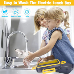 1.5L Electric Heated Lunch Box 40W Food Warmer with 3 Stainless Steel Food Compartments, 110V/220V & 12V/24V Car & Truck Compatible, Portable Food Heating Lunch Box with Spoon & Fork
