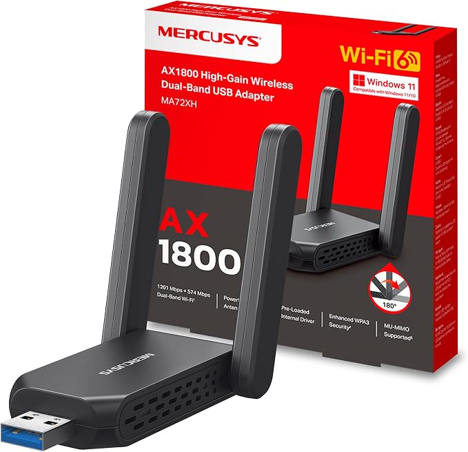 Mercusys MA72XH WiFi Adapter for PC, Wi-Fi 6 AX1800 Dual Band, 2 High Performance Antennas, USB 3.0, WPA3, MU-MIMO, Compatible with Windows 11/10