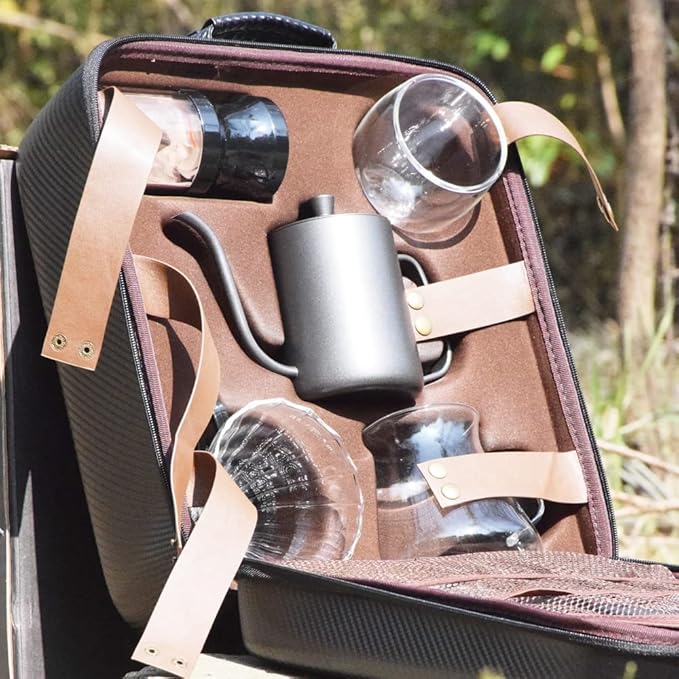 8-Piece Outdoor Hand Brewing Coffee Making Set with Elegant Leather Bag, Scale, and Coffee Utensils for Outdoor, Travel & Home
