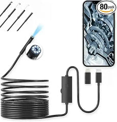 HD Endoscope Inspection Camera with Light, 5 Meter Semi-Rigid Cable, 1920P Borescope, Lightning Connector, Waterproof IP67 with Adjustable LEDs, Compatible with iPhone, Android & PC