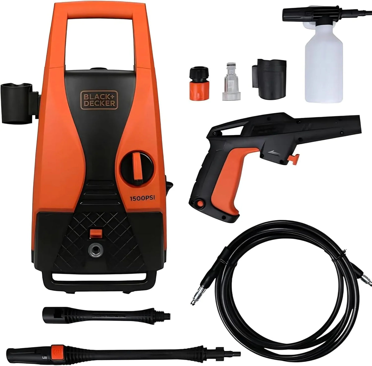 BLACK+DECKER Pressure Washer, 1400W, 1512 PSI, 105 Bar Max Pressure, Lightweight, Self-Priming, Total Stop System, Includes Accessories, Sleek Design, ECO Friendly, Orange/Black - PW1450TD-B5