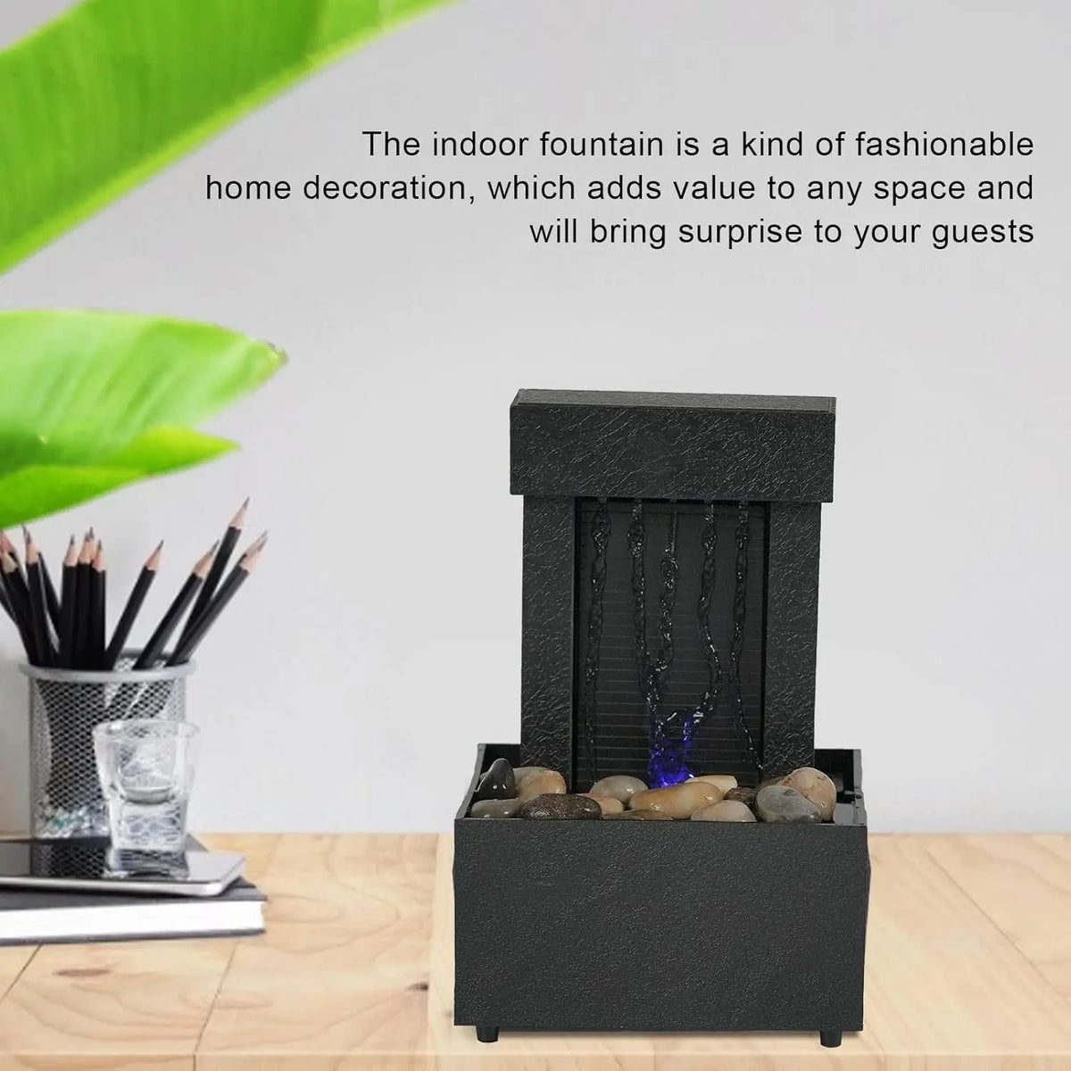 Elegant Lighted Tabletop Water Fountain with Quiet LED Lights, River Rocks & 280ml Water Capacity – USB & Battery Powered Indoor Decorative Waterfall for Home and Office Décor - Open Box / New Product