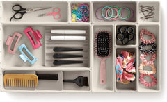 12-Piece Large Modular Makeup Drawer Organiser Set with Customizable Interlocking Compartments, Tiered Brush Holder, Pencil Tray & Non-Slip Feet, 62 × 35.2 × 5 CM
