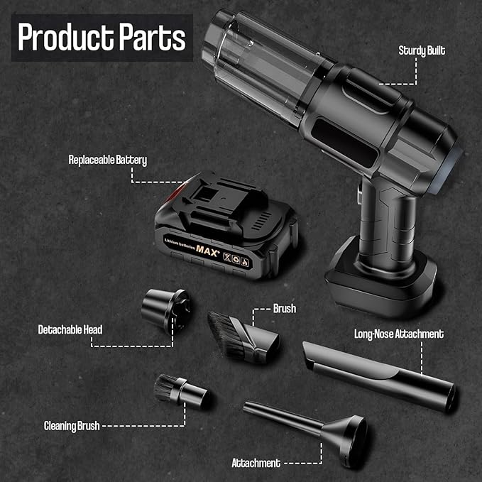 High Power Cordless Handheld Rechargeable Vacuum Cleaner with Rechargeable 24V Lithium Battery, 0.4L Dust Cup, HEPA Filter, and Multiple Nozzle Attachments for Car, Home & Office