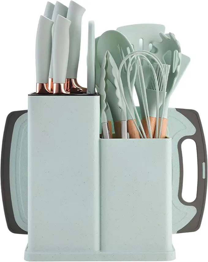Premium 19-Piece Silicone Kitchenware & Knife Set with Cutting Board & Holding Stand