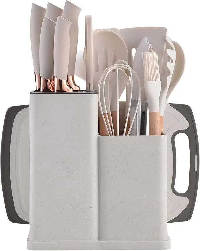 Premium 19-Piece Silicone Kitchenware & Knife Set with Cutting Board & Holding Stand