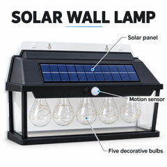 30W Solar Induction LED Wall Lamp with Motion Sensor, 5 Lighting Modes, 600LM Brightness, 1800mAh Rechargeable Battery, 5 Decorative Bulbs & Waterproof Design
