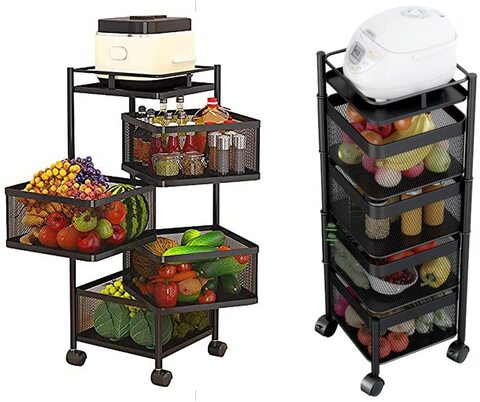 Multi Layer Square Metal Kitchen Storage Rack with Rotating Shelves & Wheels