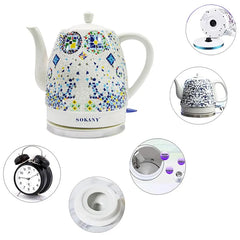 SOKANY SK-09008 Premium Ceramic Electric Kettle 1.5L, 1000W, Decorative Mosaic Porcelain Design, 360° Swivel Detachable Base