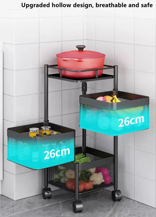 Multi Layer Square Metal Kitchen Storage Rack with Rotating Shelves & Wheels