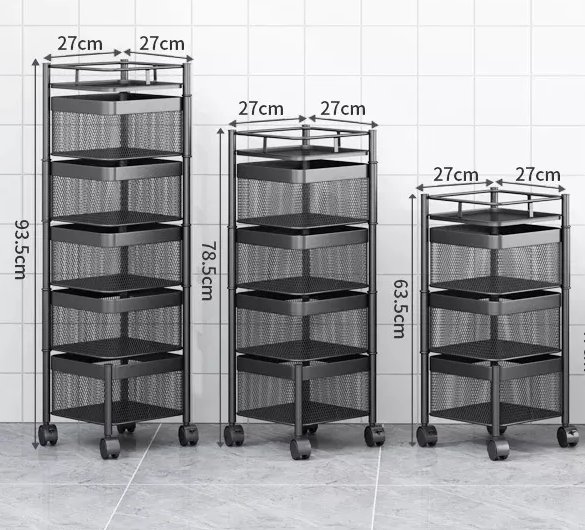 Multi Layer Square Metal Kitchen Storage Rack with Rotating Shelves & Wheels