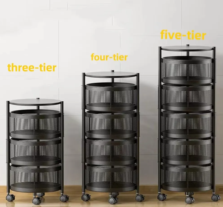 Multi Layer Round Metal Kitchen Storage Rack with Rotating Shelves & Wheels