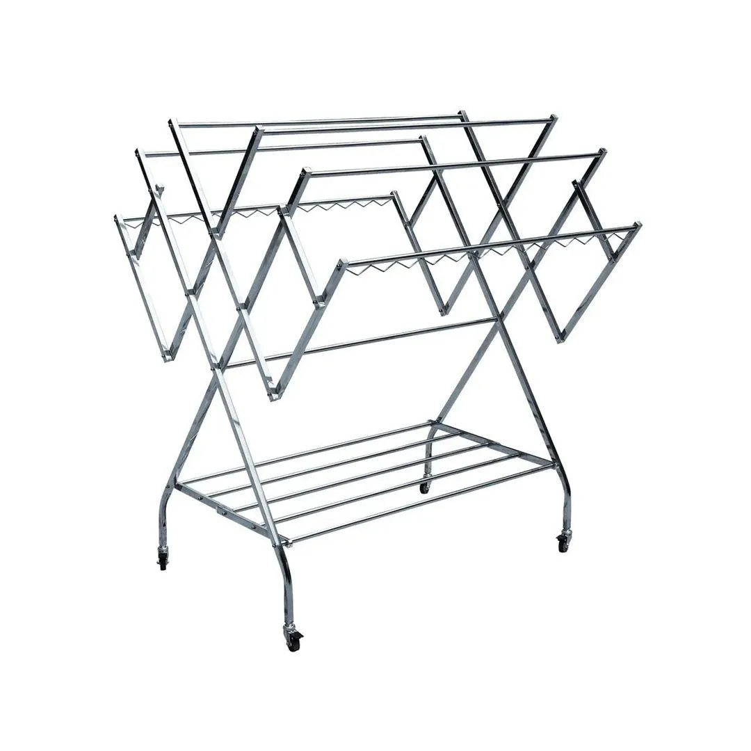 Premium Expandable Stainless Steel Clothes Drying Rack with Multi-Level Hanging Rails, Hanger Slots, Bottom Shelf, Foldable Frame & Caster Wheels – 145 × 120 × 115 CM