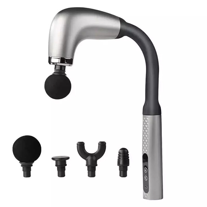 Curved Portable Handheld Shiatsu Massager with 4 Interchangeable Heads - Rechargeable