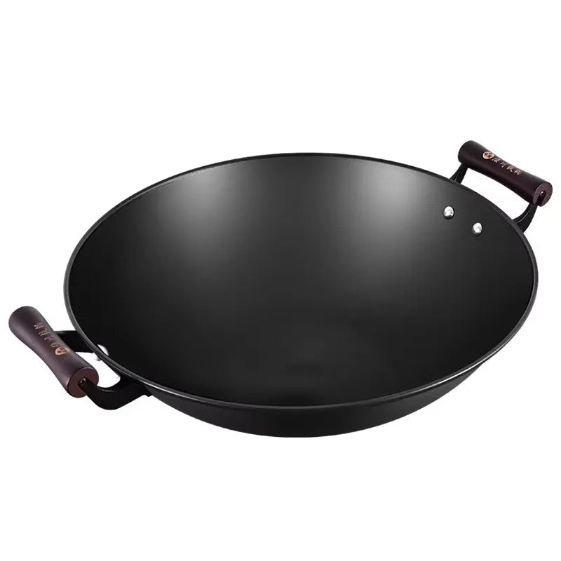 47 CM Large Uncoated Cast Iron Wok with Lid, Dual Handles, Thick Bottom & Even Heating for Frying, Stir-Frying, Stewing & Deep-Frying
