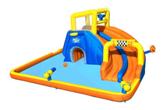 Bestway Super Speed Way Mega Inflatable Water Park with Dual Racing Slides, Water Blasters, Crawl Tunnel, Basketball Hoop, Blower and Splash Pool - 5.51m x 5.02m x 2.65m