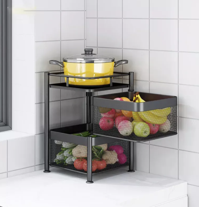 Multi Layer Square Metal Kitchen Storage Rack with Rotating Shelves & Wheels