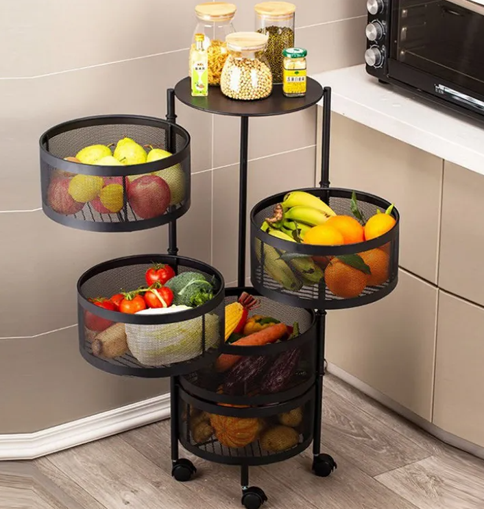 Multi Layer Round Metal Kitchen Storage Rack with Rotating Shelves & Wheels