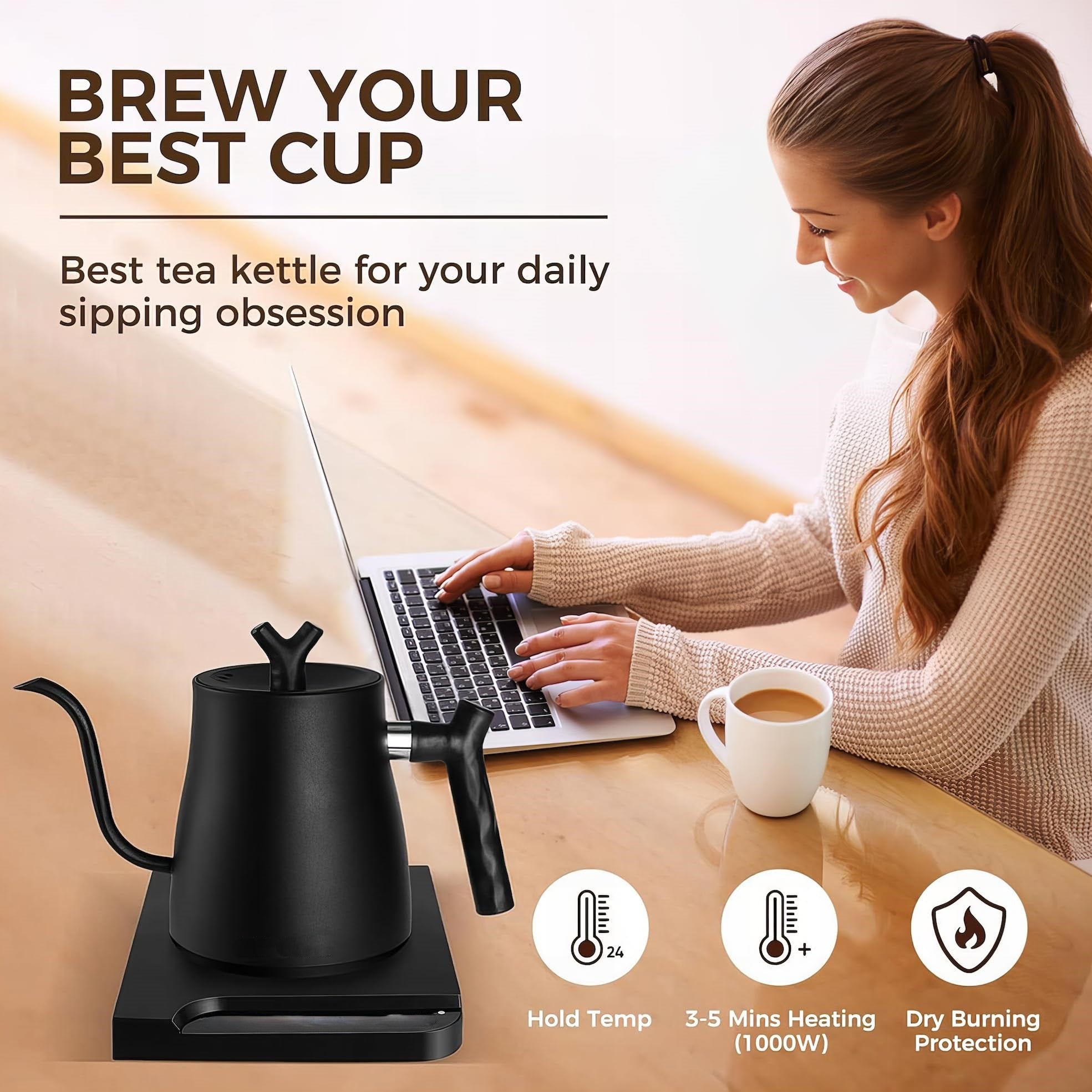 Elegant Electric 1L Gooseneck Kettle with Constant Temperature, Auto Shut-Off and Precision Spout - Coffee & Tea Kettle - 1000W