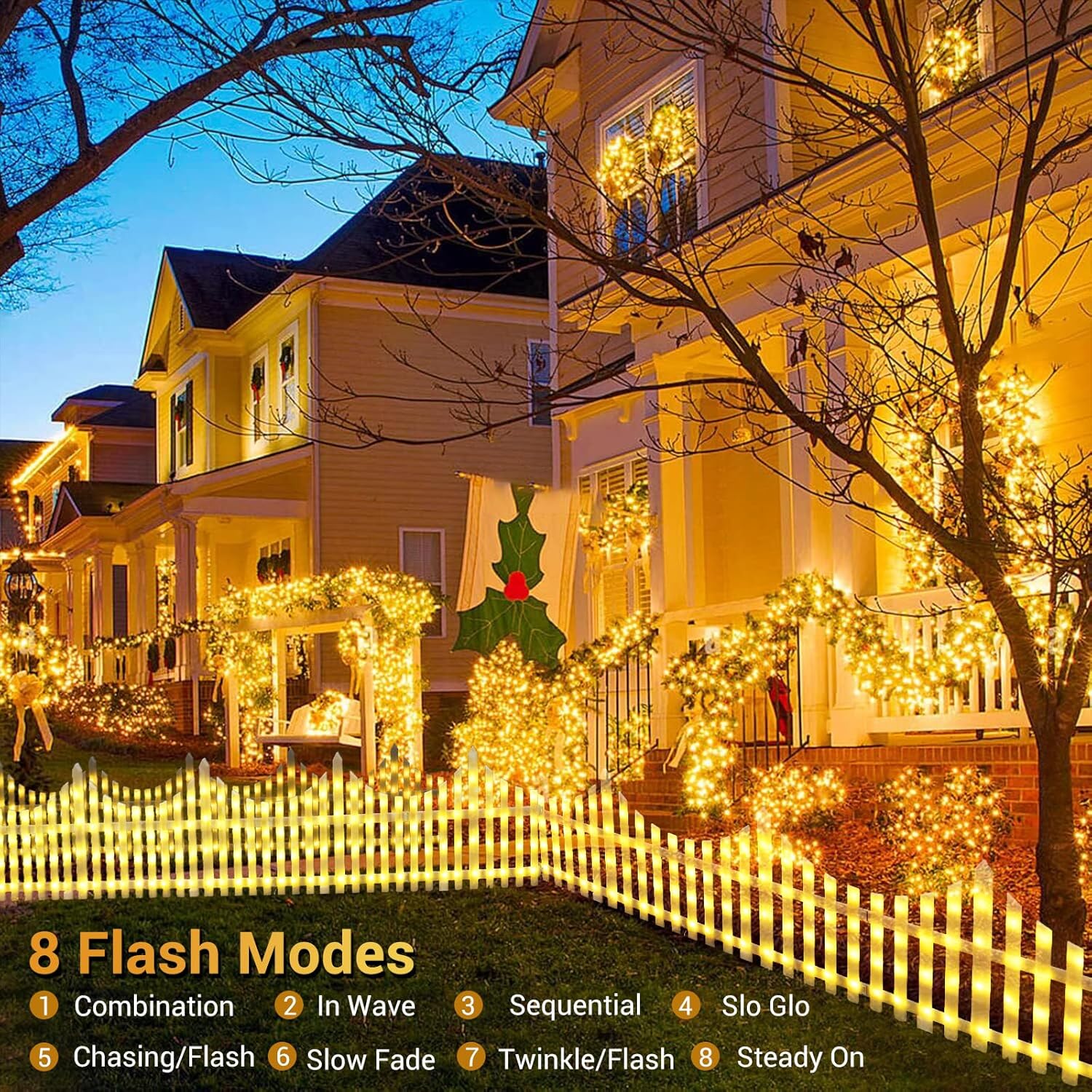 مصابيح سياج LED مزخرفة مع تركيب سهل بالمشبك وأوضاع متعددة - مجموعة من 8 قطع - أبيض دافئ (الحجم الإجمالي 280 × 28.5 سم)