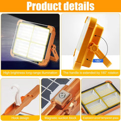 مصباح كشاف الطوارئ الشمسي المحمول LED مع باور بانك، ضوء عمل قابل لإعادة الشحن عبر USB، 4 أوضاع إضاءة، تعتيم متواصل، قاعدة مغناطيسية، خطاف تعليق وحامل قابل للتعديل 180 درجة للاستخدامات الخارجية والتخييم والطوارئ