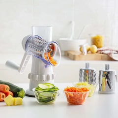3-in-1 Manual Rotary Vegetable Slicer & Cheese Grater with 3 Stainless Steel Drum Blades, 12X Fast Cutting, Hand Crank, Food Pusher & Non-Slip Suction Base