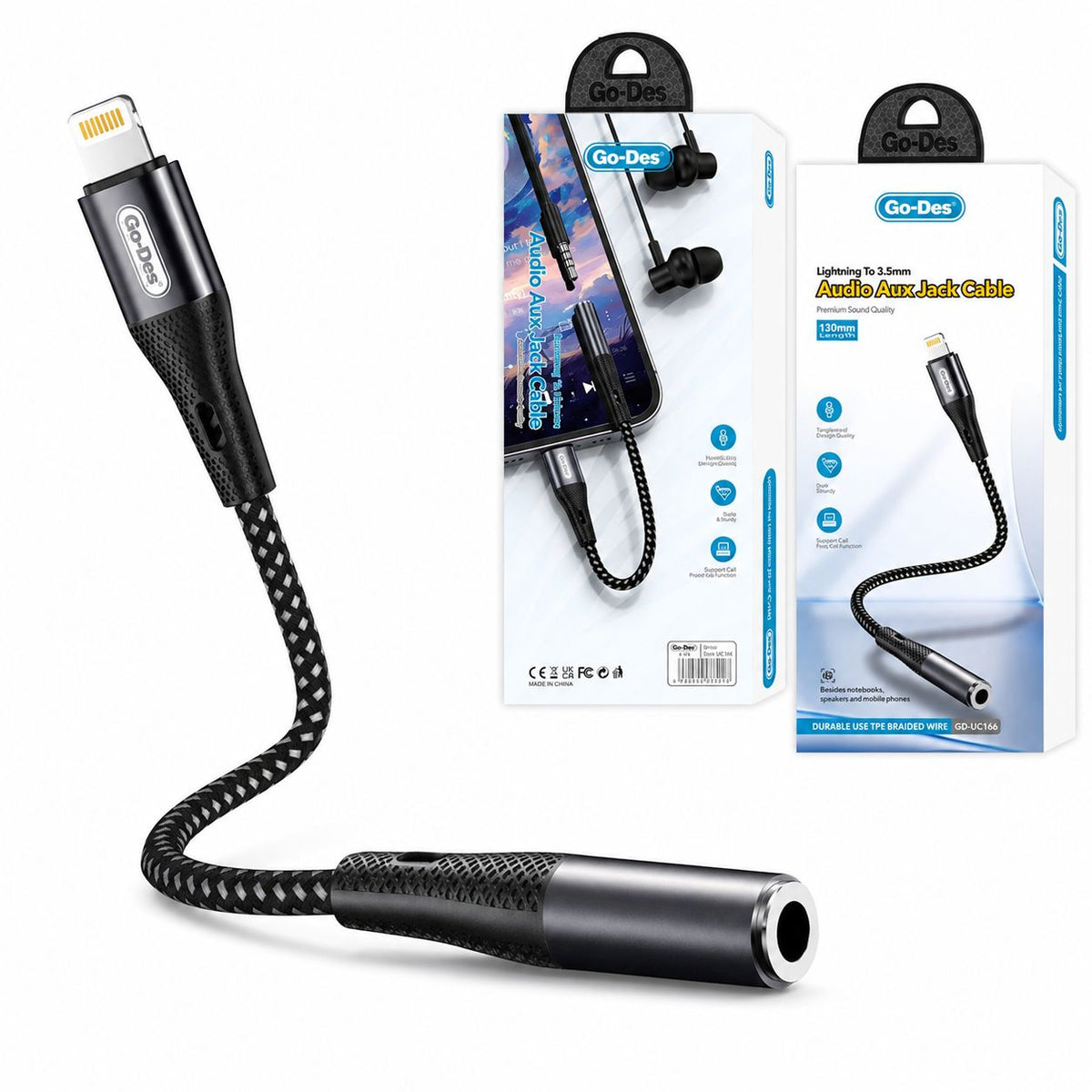 Go-Des GD-UC166 Lightning to 3.5mm Audio Aux Cable with TPE Braided Design