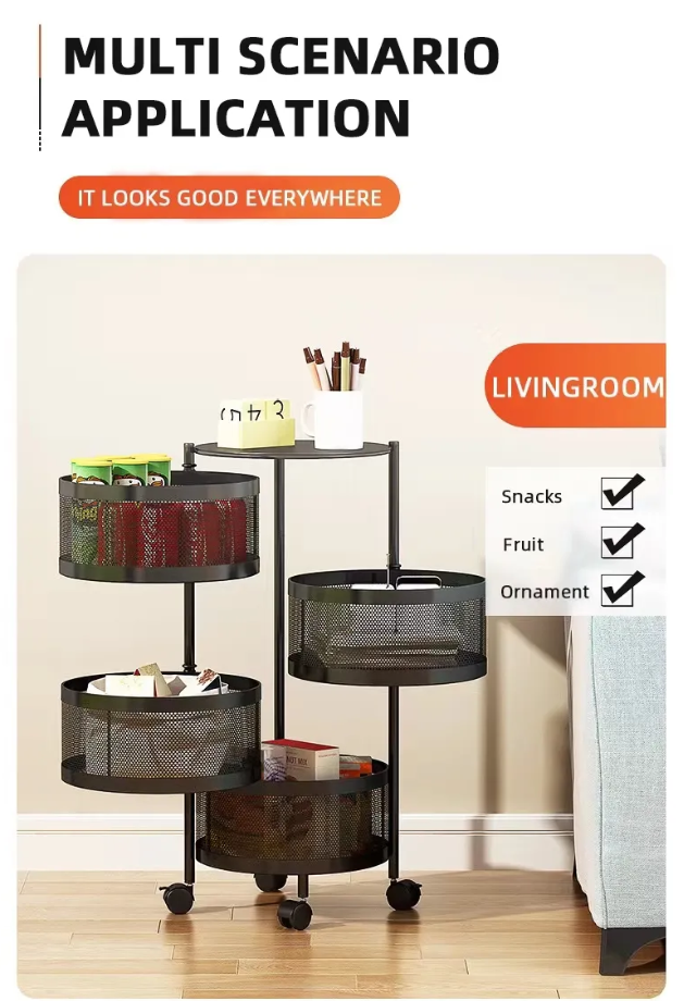 Multi Layer Round Metal Kitchen Storage Rack with Rotating Shelves & Wheels