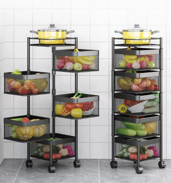 Multi Layer Square Metal Kitchen Storage Rack with Rotating Shelves & Wheels