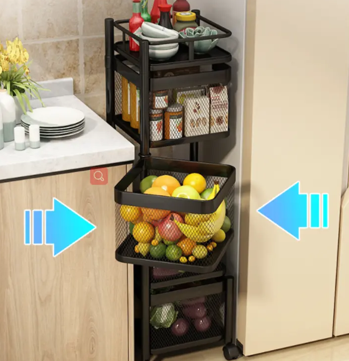 Multi Layer Square Metal Kitchen Storage Rack with Rotating Shelves & Wheels