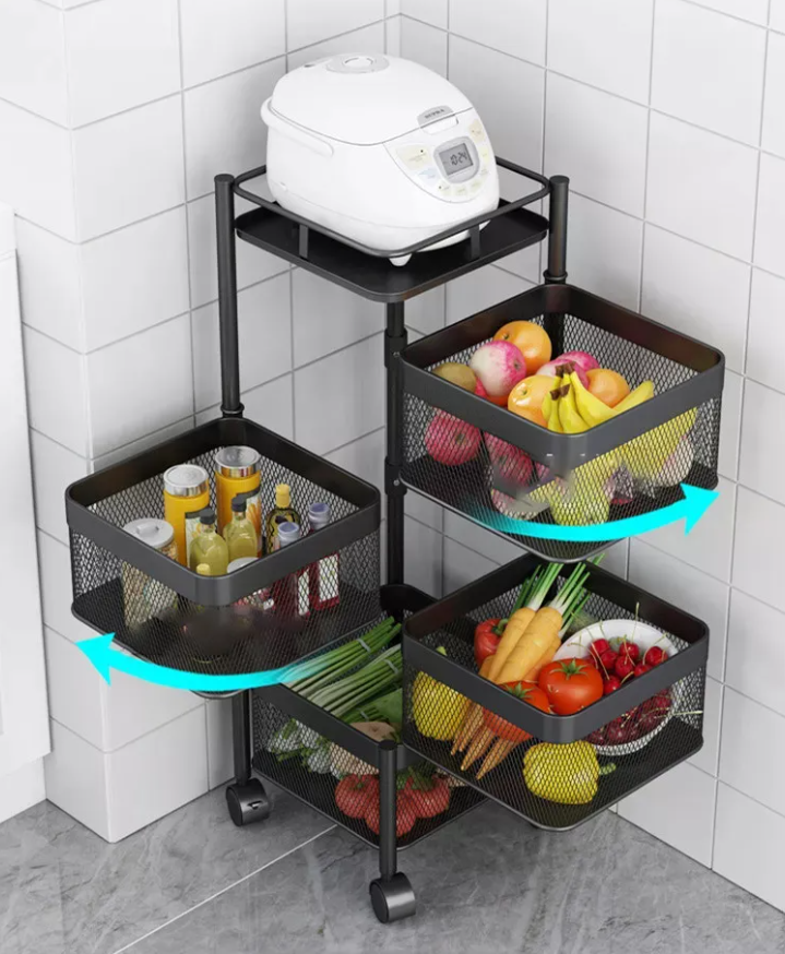 Multi Layer Square Metal Kitchen Storage Rack with Rotating Shelves & Wheels